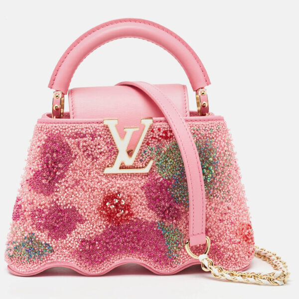 Louis Vuitton Pink Fuzzy Satin Capucines Capushell Waved Mini Bag