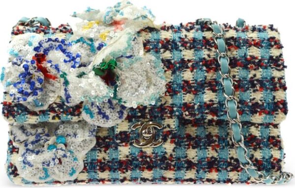 Chanel Pre Owned 2016 medium Double Flap Tweed shoulder bag Chanel Blue/Multicolour Flower Embellished Tweed Handbag