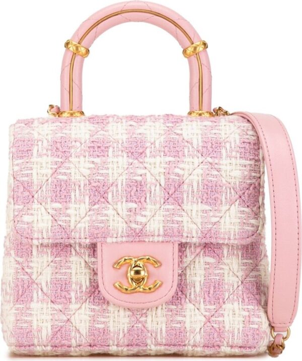 Chanel Pre Owned 2021-2024 Quilted Tweed Crush Top Handle Flap satchel Chanel Pink and White Checkered Tweed Top Handle Bag